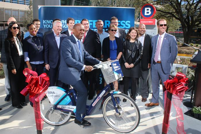 Mayor on BBVA Bike with Houston Bike Share Board - Photo by Doogie Roux Mayor on BBVA Bike with Houston Bike Share Board - Photo by Doogie Roux